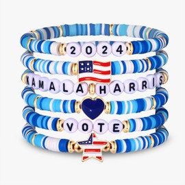 Kamala Harris 2024 Bracelet Vote USA Flag Stars Blue Beaded Stretch Bracelet Election Day Kamala Voting Bracelet 2024 Presidential Election Jewelry for Political Gifts(Harris Vote)