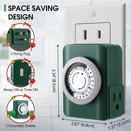 Dunkive 24 Hour 2 Grounded Outlets Mechanical Outlet Timer for Christmas, Plug in Light Timer for Electrical Outlets Indoor, Daily On/Off Cycle, Christmas Tree Timer for Xmas Lights, Green(1 Pack)