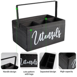 Gzsekken Kitchen Utensil Holder Wooden Black Rustic Large Cutlery Holder for Countertop Kitchen Storage and Organisation with Handle and 4 Compartment Design for Cooking Tools and Home Accessories