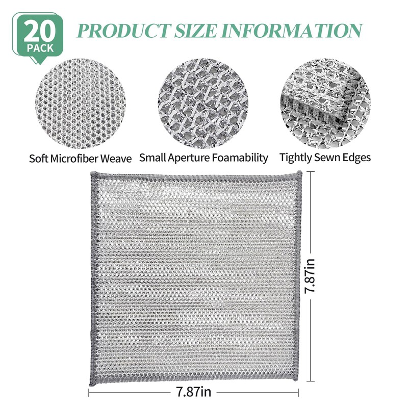 Amzlysdok 20PCS Non-Scratch Wire Dishcloth,Silver Mesh Dish Cloths with Diamond