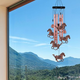 Outdoor Horse Wind Chimes Decoration, Gifts for Mom, Home, Garden, Balconies, Rooms, Patio, Indoor, Red Copper Horse Chimes, 4 Tubes 5 Horses Wind Chime, Horse Wind Catcher, Horse Wind Bell Gifts