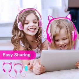 Olyre Toddlers Headphones with Microphone - 85dB Safe Volume Limited and LED Light Up Cat ears,Wired over ear headphones for Kids with Sharing interface, Boys/Girls/School/Travel - Rose