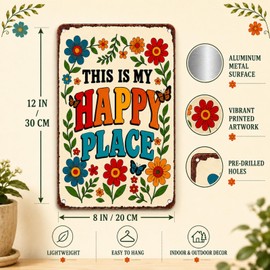 Garden Signs for Outside This Is My Happy Place Vintage Aluminum Sign Gifts for Home Garden Patio Decor, Yard Signs and Metal Signs for Greenhouse Fence 8 X 12 Inch