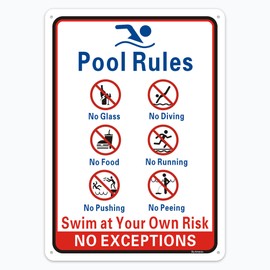 Pool Rules Signs No Diving No Glass Sign, No Food No Pushing No Running No Peeing in Pool Swim at Your Own Risk Signs, 14 x 10 Inches Rust Free Rust Free Aluminum, Easy Mounting (1 Pack)