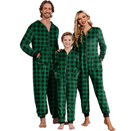 Ekouaer Christmas Onesie Matching Family Fleece Hooded One Piece Zipper Long Sleeve Pajamas with Pockets S-XXL Green Plaid XXL
