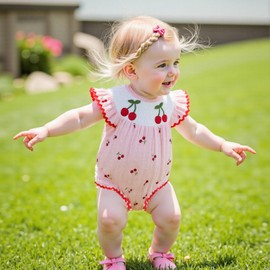 Socutebabe Newborn Baby Girl Summer Outfit Cherry Bubble Romper Smocked Outfits Vintage Ruffle Trim Onesie Cute Romper (Pink Cherry Print, 0-3 Months)