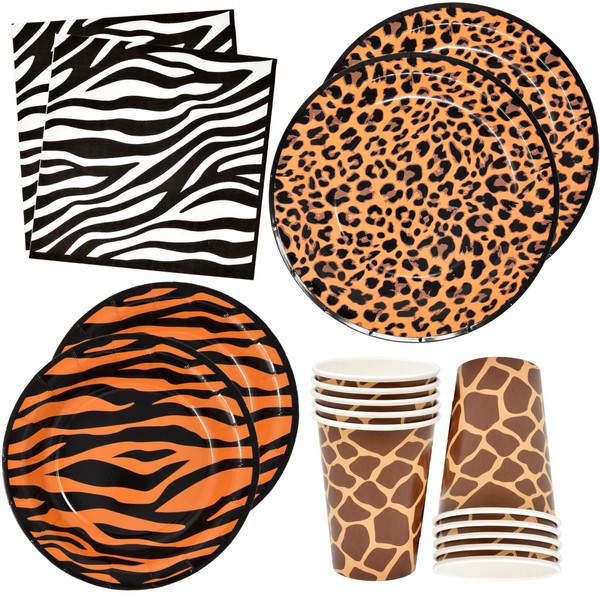 Jungle Safari Zoo Animal Print Party Supplies Set 30 9" Paper Plates 30 7" Plate 30 9 Oz Cups and 60 Lunch Napkins for Leopard Tiger Giraffe Zebra Forest Animals Baby Shower Birthday Theme Decorations