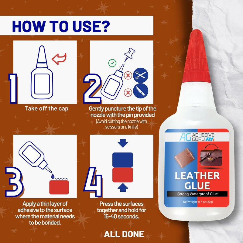 Adhesive Guru Leather Glue (0.7 oz) Super Glue for Purses,