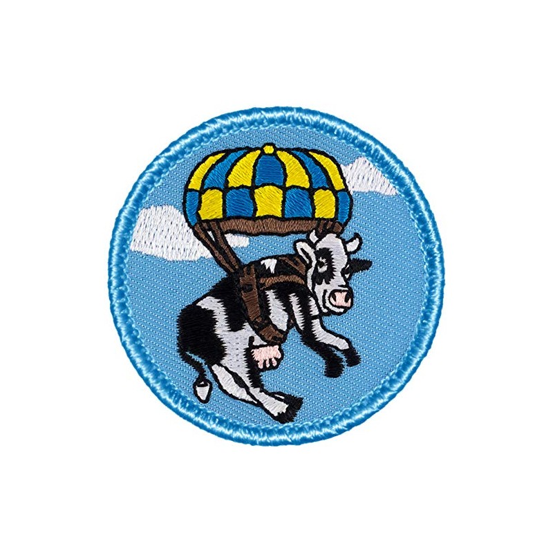 Parachuting Cow Patrol Patch - 2" Diameter Round Embroidered Patch