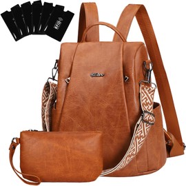 Eshow Women's Small Backpack, Anti-Theft, Elegant City Backpack, Small Waterproof Daypack, Vegan Leather, Backpack Handbag with Clutch Bag, Modern for Commuting, School, Work, Travel, Brilliant brown