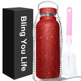 WINCHERRIA Bling Tumbler Rhinestones,Diamond Water Bottle,Bling Cup Rhinestone Stainless Steel Thermal Bottle,Glitter Water Bottle with 55in Chain,Rhinestone Gifts for Rhinestone Fan (Red)