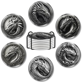 Pack 6 Coasters Dragon Ceramic Coaster with Cork Base Housewarming Gifts for Women Men Coffee Table Desk Car Cup Holders New Home Decorations Kitchen Accessories Drinks Absorbent