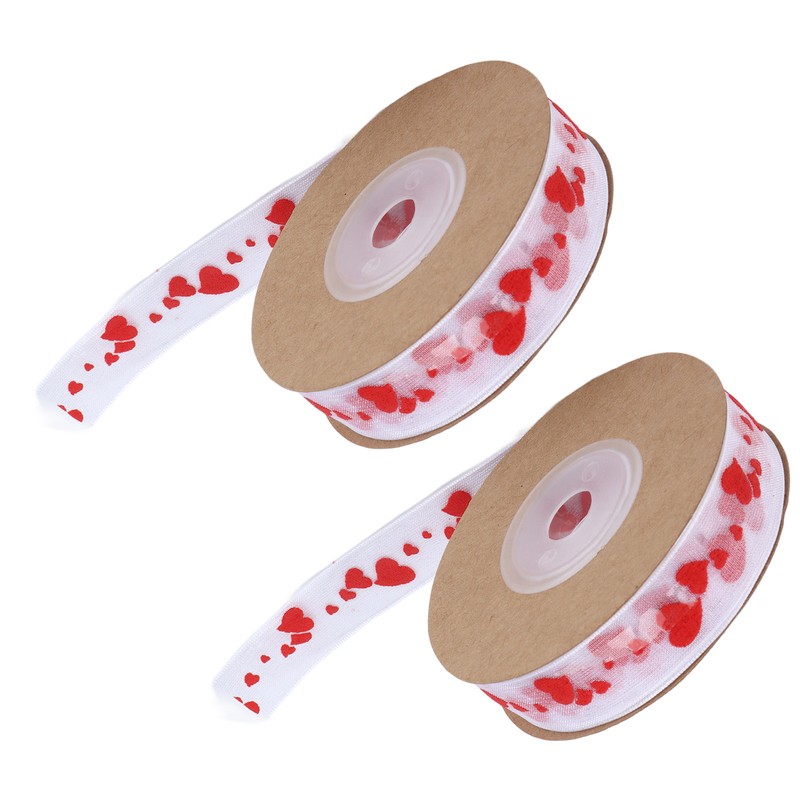 2pcs Red Ribbon 1.5cm/0.6in Wide Heart Pattern Packaging Ribbons DIY