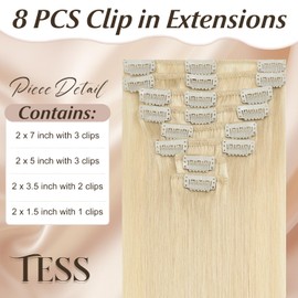 TESS Clip in Hair Extensions Real Human Hair Blonde Remy Seamless 8 Pieces Straight for Women/Girls (#613 Bleached blonde, 20 Inch 70g)