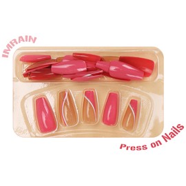 IMRAIN French Tip Press on Nails Long Coffin Fake Nails Hot Pink Artificial False Nails with Glitter Line Designs Glossy Glue on Nails Full Cover Stick on Nails Ballerina Acrylic Nails Kit 24Pcs
