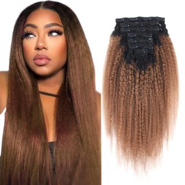 AmazingBeauty 8A Texlaxed Kinkys Straight Ombre Hair Clip Extensions Double Weft Real Remy Human Hair for Black Women, Natural Black Fading into Light Auburn, 7 Pieces, 120 Grams, KS TN-30, 18 Inch
