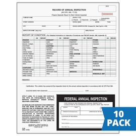 J. J. Keller 10-Pack, Record of Annual Inspection Form with Inspection Decal, 2-Ply Carbonless Form, DOT Compliant