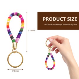 MUQIDA Bohemian Keychain, Handmade Boho Wristlet with Keyring, Hippie Woven Wrist Lanyard Cute Key Fob Holder for Women (Rainbow)
