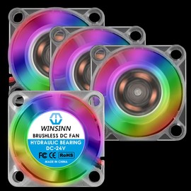 WINSINN 25 mm RGB Fan 24 V, LED Colourful 3D Printer Micro 4 Volt Fan 2510 Hydraulic Bearing, Brushless Cooling 25 mm x 10 mm 2 Pin (Pack of 4)