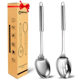 2 Pack Stainless Steel Cooking Spoon Set, Large Cooking Spoon with Round Handle, Polished Metal Slotted Spoon and Serving Spoon, Heat Resistant Basting Spoons for Cooking, Mixing and Serving Food