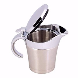 304 Stainless Steel Double Insulated Gravy Boat with Hinged Lid, 16 OZ Thermal Insulated Double Wall Sauce Gravy Boat Serveware Beverage Serveware Kitchen Pot Serving Jug (S 450ml)