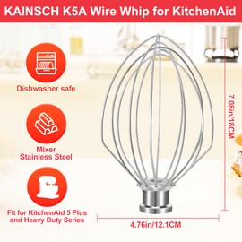 K5A Stainless Steel Whisk for KitchenAid 5Qt Bowl Lift Stand Mixer 6 Wire Attachment for K4 K5 K5SS, KSM5, KG25, KP50, KSM6573, KSM6521, Heavy Duty, 18/8 Steainless Steel, Dishwasher Safe, Heavy Duty