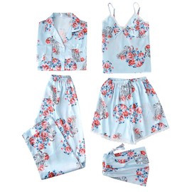 Escalier Womens 5pcs Silk Satin Pajama Set Floral Cami Pjs Sleepwear Button Down Pj Sets Loungewear Light Blue