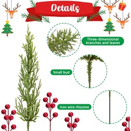 30 Pcs/Set Christmas 3D Artificial Pine Branches- 12.5 Inch Faux Evergreen Cedar Sprigs Branches- Fake Foliage Pine Needles Picks with Artificial Red Berry Stems for DIY Christmas Decoration