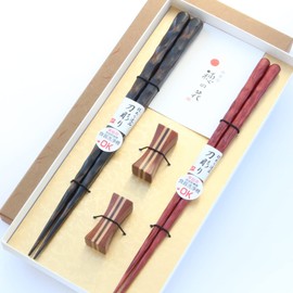 Stacked Chopsticks, Dishwasher Safe, Katana Carved, Couple Chopsticks Rest Included, Celebration, Wedding Gift, Presentation Box, Gift Set (Thick Black, Vermilion)