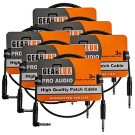 Gearlux Patch Cable/Guitar Effects Cable, 1/4-inch Right to 1/4-inch Straight, Black, 3 Foot - 6 Pack