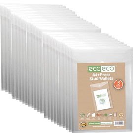 eco-eco A4 50% Recycled Clear Transparent Portrait Press Stud Popper Wallet, Plastic Folders 330x235mm (Pack of 25), 200mic, eco157x25