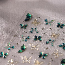 1 Sheets Green Embossed Butterfly Nail Decals for Nail Art Shiny Gold Butterfly Nail Stickers 5D Self-Adhesive Star Nail Decoration Spring Summer Nail Art Stickers for Women Girls Nail Design