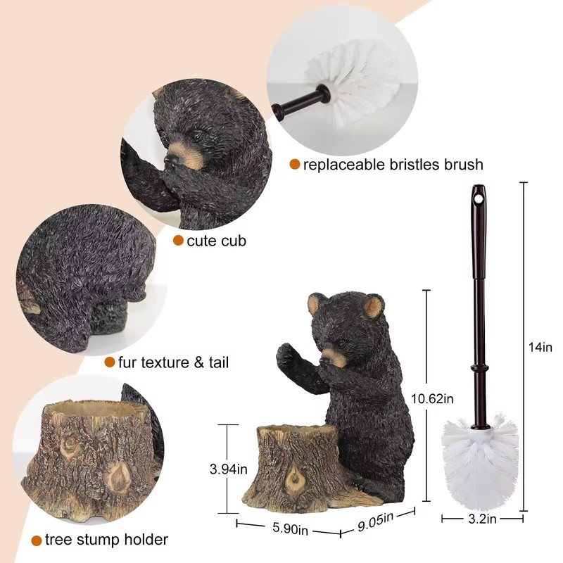 Black Bear Toilet Brush Holder - Resin Cub Covering Nose,