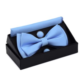 Mens Adjustable Bow Ties Double Fold Pre-tied Light Blue Bow tie and Pocket Square Cufflink Sets (UK0577-09)