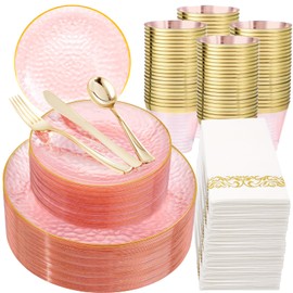 Rubtlamp 350 Pcs Clear Pink Plastic Plates, Pink Gold Plastic Dinnerware Set (50 Guests), Disposable Plates With Gold Rim, Hammered Party Plates Set for Wedding And Party
