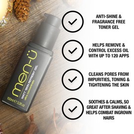 men-ü FACIAL TONER GEL (MATT SKIN REFRESH GEL) REFILL KIT, Oily Skin & Salicylic Acid Cleanser for men, up to 240 apps, Toner gel with Witch Hazel. 100ml Bottle + Refill