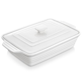MALACASA 4.4 Quart Baking Dish With Lid, Porcelain Casserole dish with Lid, 13 x 9 Lasagna Pan Deep with Lid, Rectangular Bakeware With Handle, Microwave, Oven Safe, White, Series BAKE
