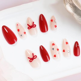 MERVF Valentines Press on Nails Medium Almond Fake Nails Red Glue on Nails Heart Bow Design Rhinestones Press ons Acrylic Stiletto Cute Solid Color False Nails for Women Glossy 24pcs
