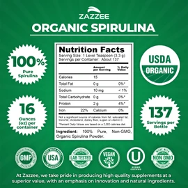 Zazzee Organic Spirulina Powder, 16 Ounces (1 LB), USDA Certified, 137 Servings, 100% Pure, Kosher, Non-Irradiated, Mess-Free Wide Mouth Container, Fresh Smell and Neutral Taste, Non-GMO, Gluten-Free