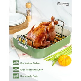 MICHELANGELO Nonstick Ceramic Roasting Pan with Rack, Turkey Roasting Pan with Ceramic Coating, Turkey Roaster Pan with Stainless Steel Rack, 15 Inch x 13 Inch - Green