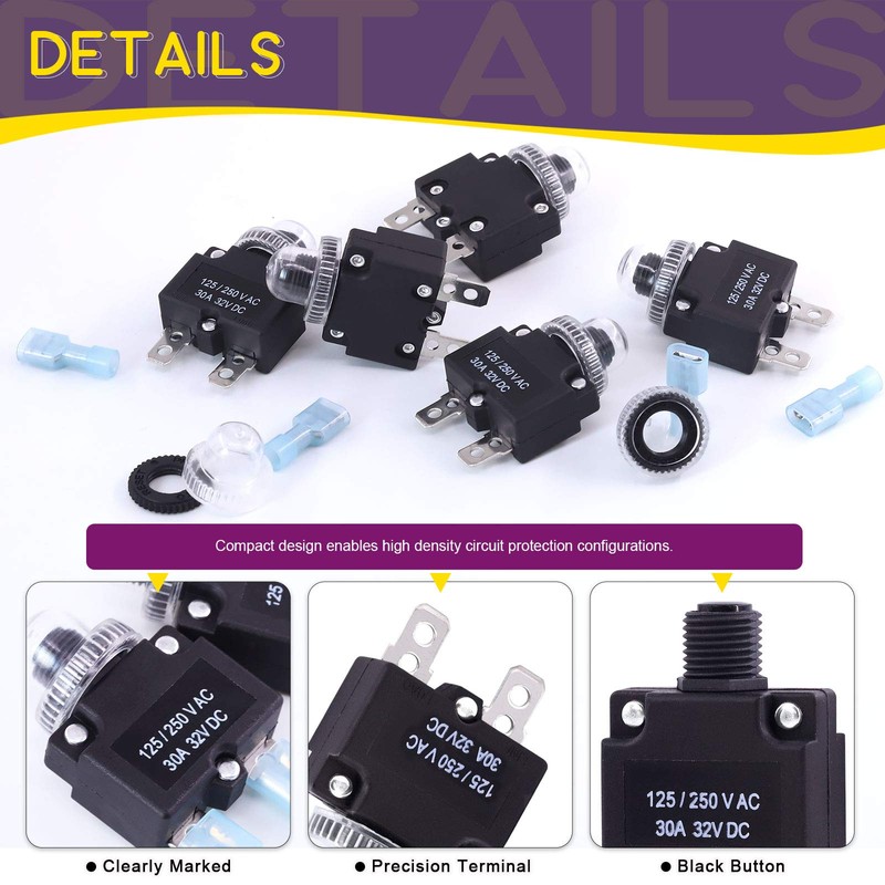 Swpeet 30Pcs 30Amp Thermal Circuit Breaker with Quick Connect Terminals