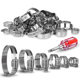 Set of 50 Hose Clamps Stainless Steel Set 6-63 mm Clamping Range 8-12 mm Band Width, AZ GOGO Professional Pipe Clamps Set & Hose Clamps with Screwdriver, for Hose Attachment, Worm Thread