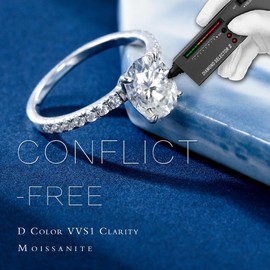 MOOSEA 2ct Moissanite Rings for Women, Oval D Color VVS1 Clarity Lab Created Moissanite Ring 18K White Gold Plated 925 Sterling Silver Moissanite Engagement Rings for Women Moissanite Side Stone Ring