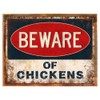 Wood-Framed Beware of Chickens Metal Sign for Decorating Coop, Farm,