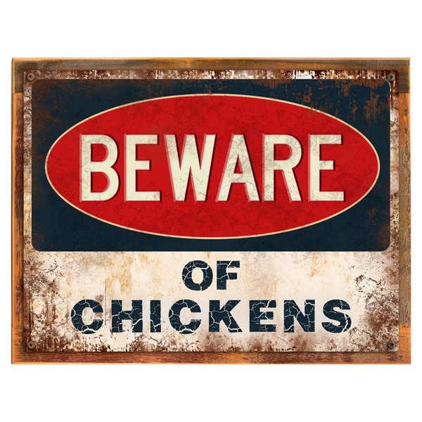 Wood-Framed Beware of Chickens Metal Sign for Decorating Coop, Farm,