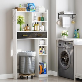 YITAHOME Over The Toilet Cabinet for Bathroom Storage, Above Toilet Storage with Drawers, Side Shelf, Tissue Reel, Over The Toilet Shelves Space Saver Cabinet for Bathroom Laundry Room, White