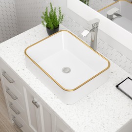 Dcolora Vessel Sink Rectangular 16"x12" White Vessel Sink with Gold Rim Ceramic Porcelain Rectangle Bathroom Sink Above Counter Vanity Sink Basin