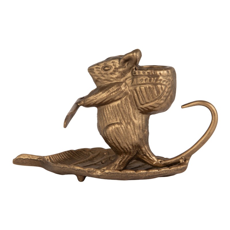 Creative Co-Op Mouse-on-Leaf Cast Metal Taper Holder, Antique Gold
