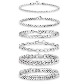 GUJOXILA Men's Bracelets, Stainless Steel Bracelets, Silver, Black, Gold, 19 cm/21 cm/23 cm, Length for Hip Hop Rapper, Gifts for Husband, Dad, Son, Pack of 6