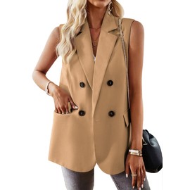 Mina Self 2025 Women's Spring Sleeveless Long Vest Blazer Lightweight Casual Double-Breasted Work Office Jacket With Pockets, Khaki, X-Large